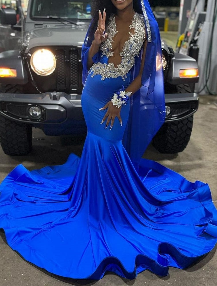 Royal Blue Deep V-neck Mermaid Court Train Long Prom Dresses