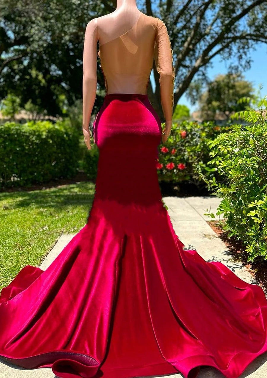 Long sleeves One shoulder Gold Appliques Burgundy Prom Dresses