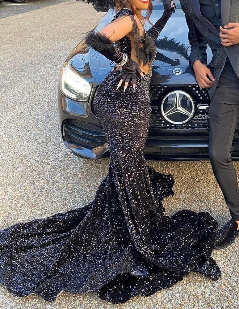 V-neck Beaded Sequined Mermaid Long Prom Dresses