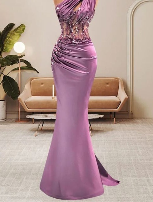 Lilac One Shoulder Mermaid Prom Dress with Beads