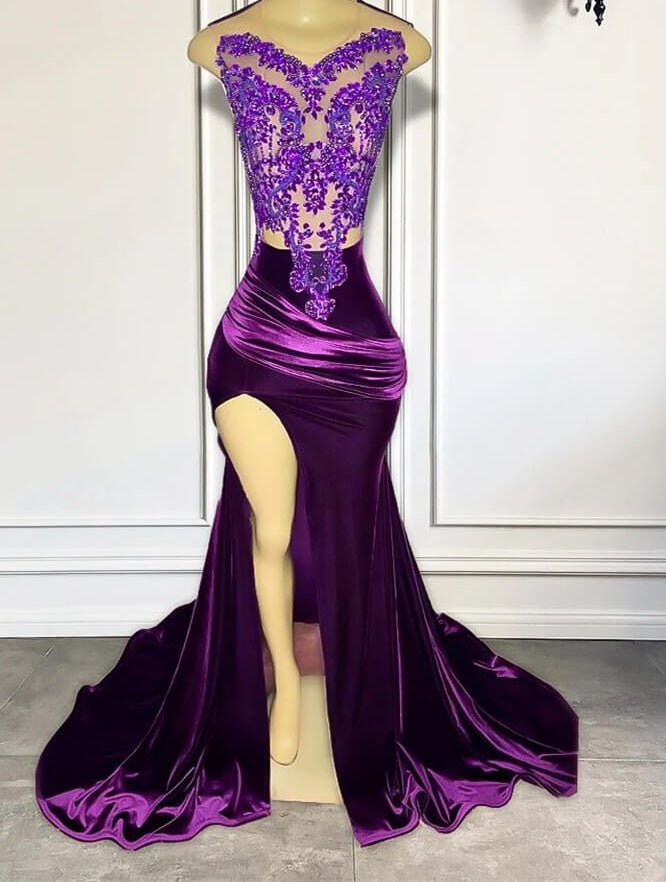 Purple Sleeveless Mermaid Prom Dress with Split Appliques