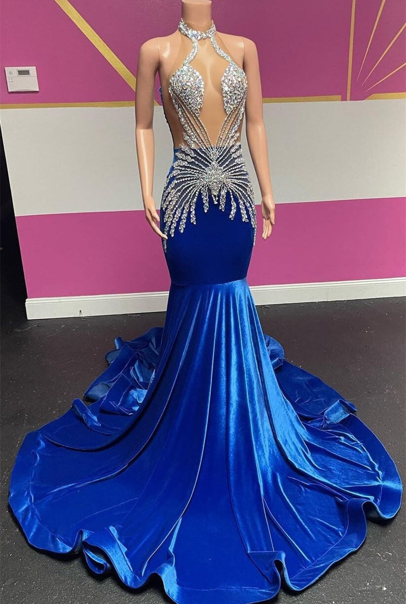 Royal Blue Halter Sleeveless Mermaid Prom Dresses With Beadings Velvet