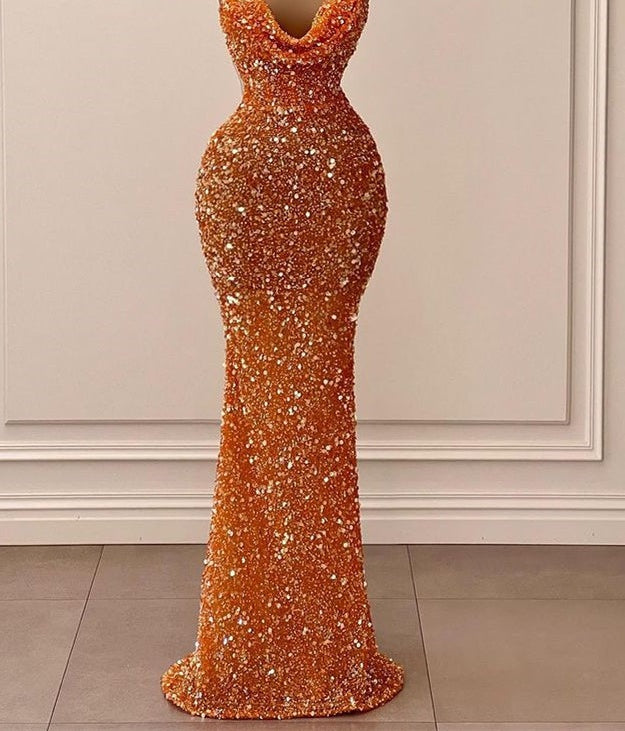 Stunning Orange Spaghetti-Straps Prom Dress Mermaid Sequins Sleeveless