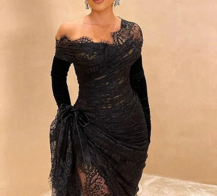 Black Lace Mermaid Prom Dress Long Off-the-Shoulder With Slit