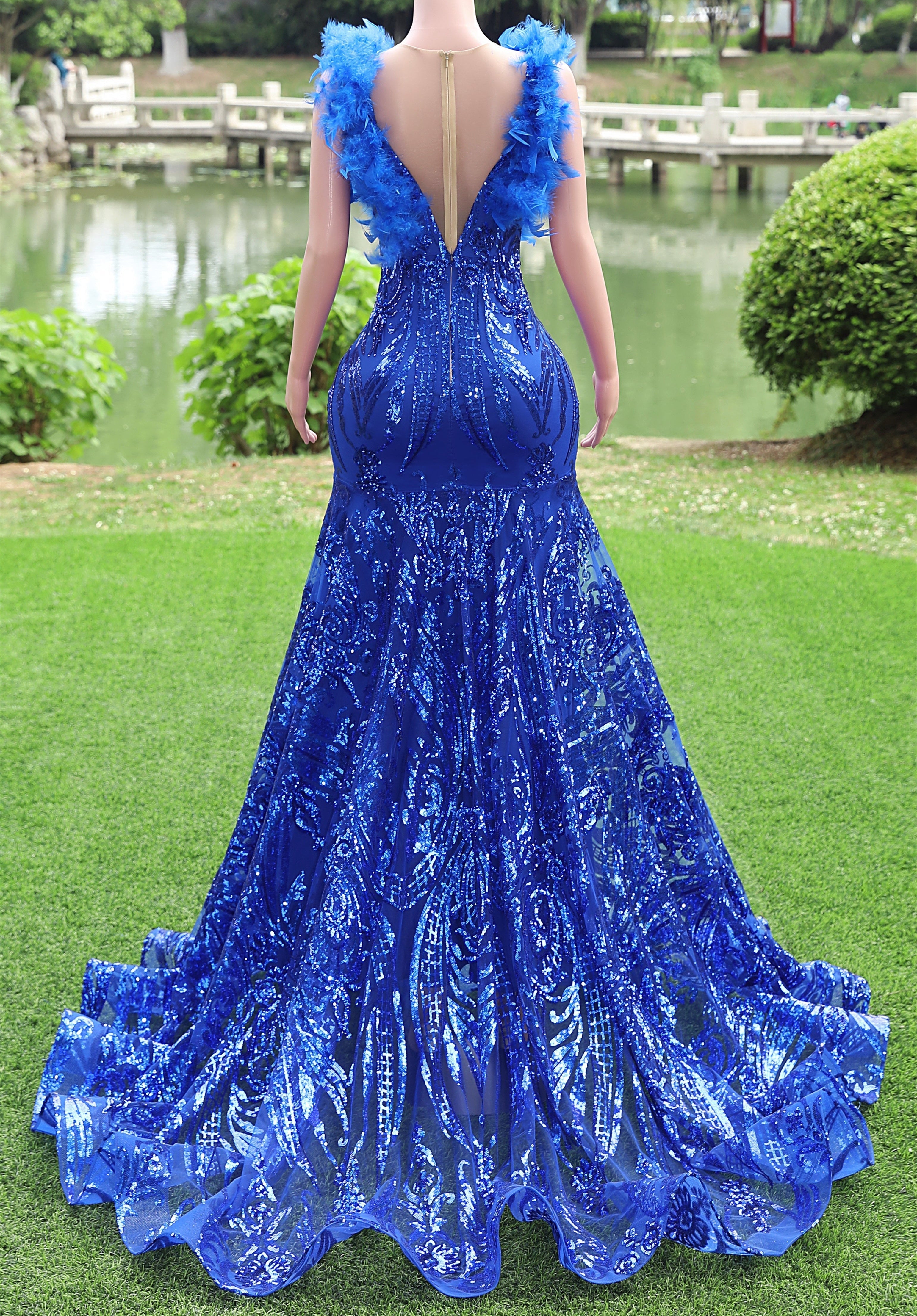V-neck Royal Blue Feathers Sparkle Sequin Sleeveless Prom Dresses