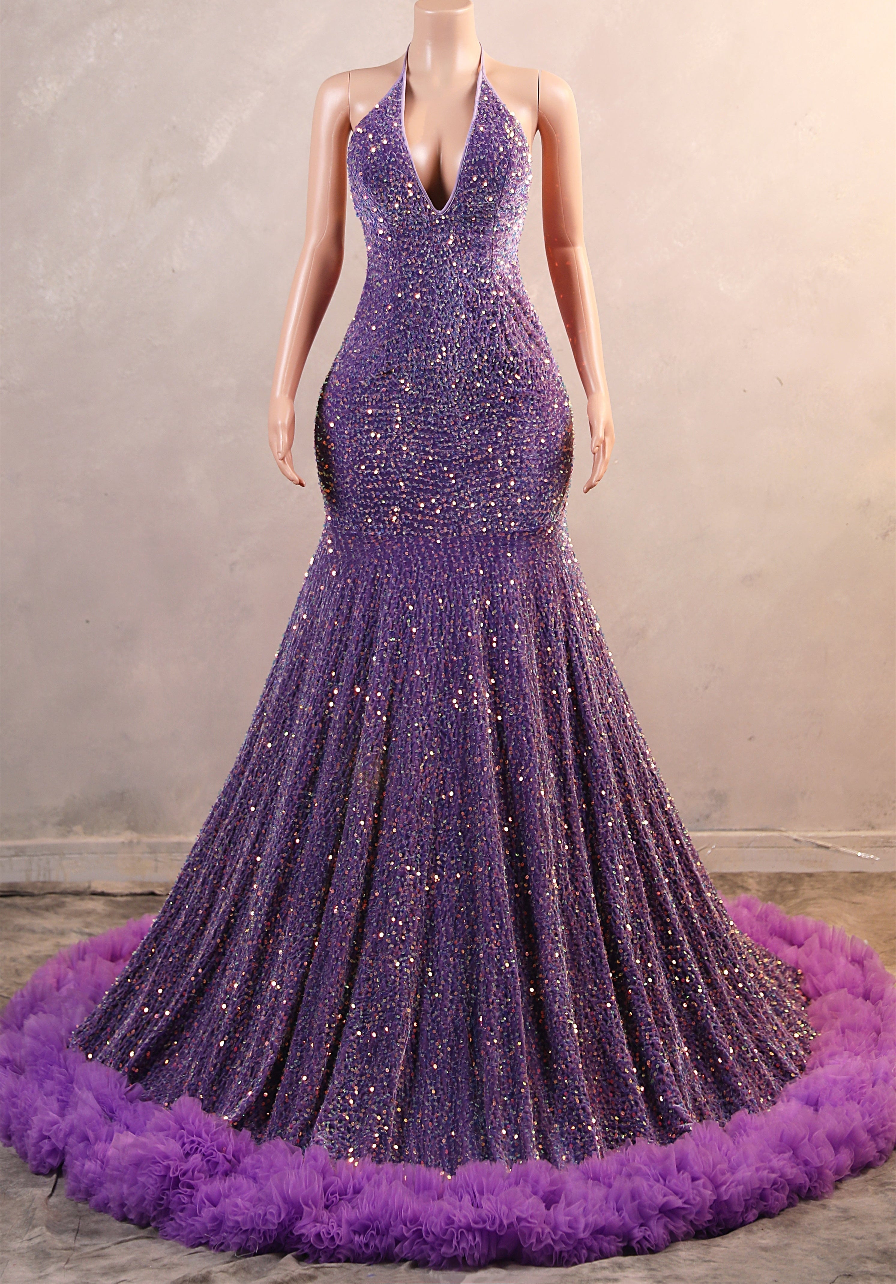 Sparkle Sequin Purple Halter V-neck Sleeveless Feathers Prom Dresses
