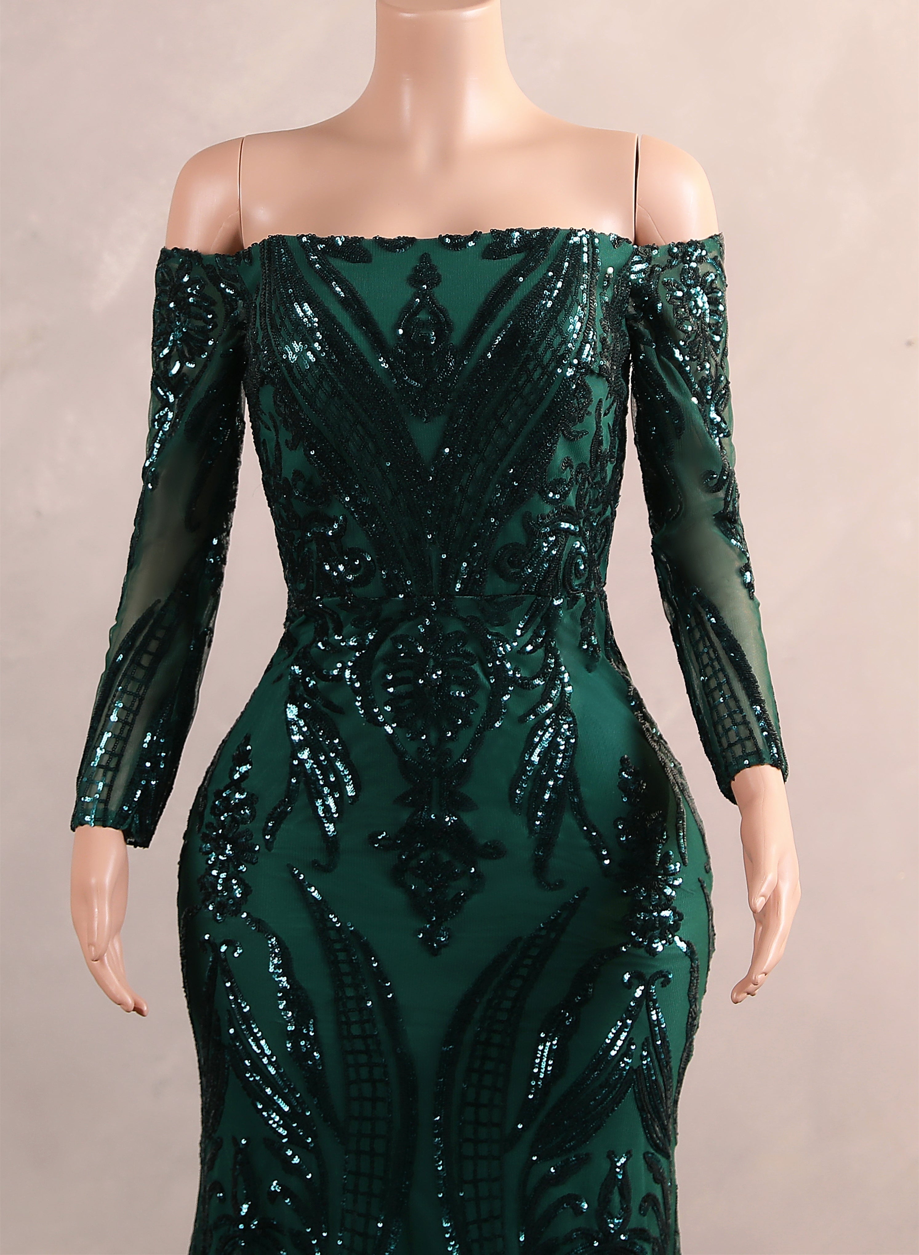 Dark Green Off-the-shoulder Long sleeves Sequin Mermaid Prom Dresses