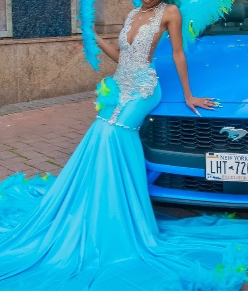 Elegant Blue Silver Sequined Feathers Mermaid Long Prom Dresses