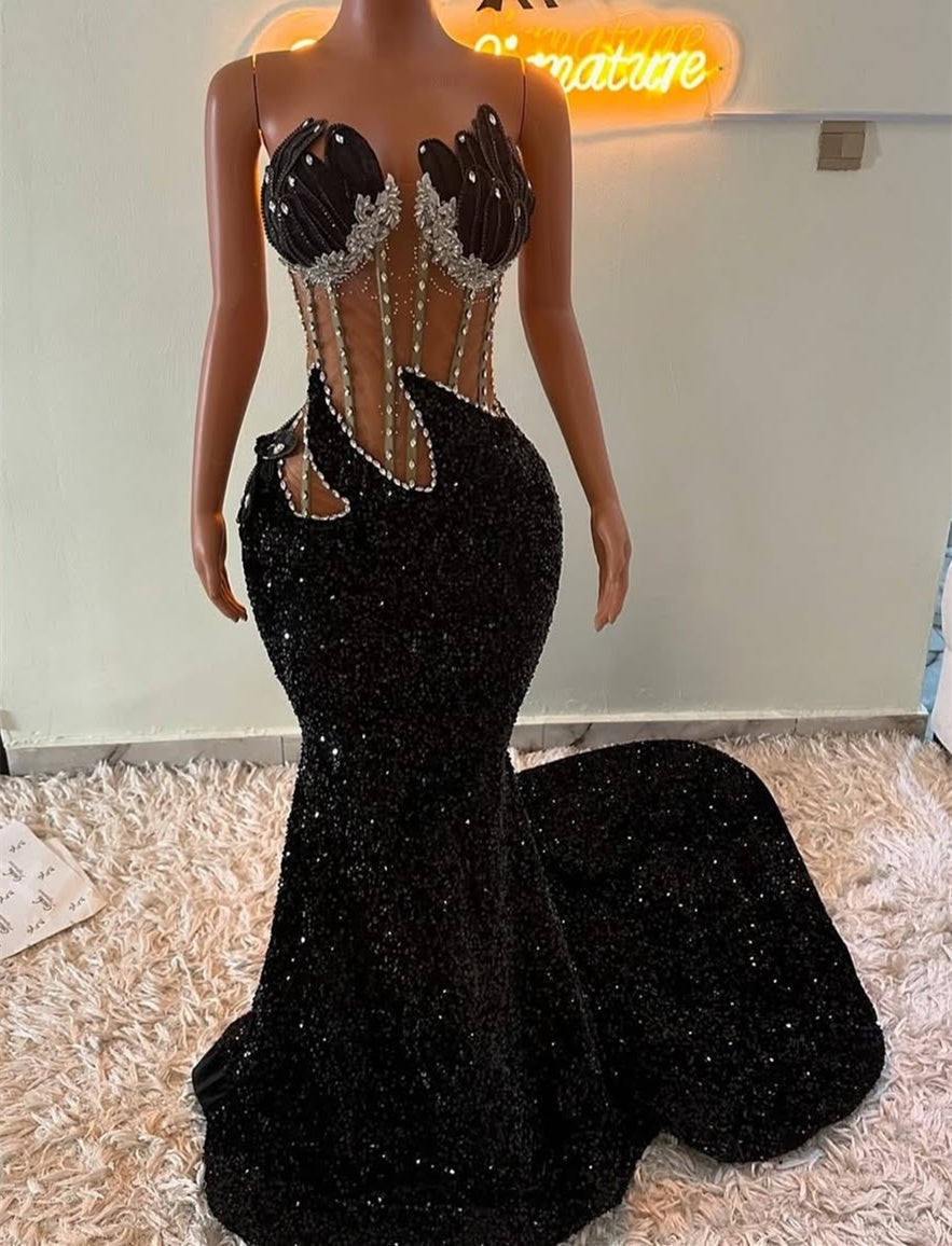 Strapless Silver Beaded Black See through  Mermaid Sequin Prom Dresses