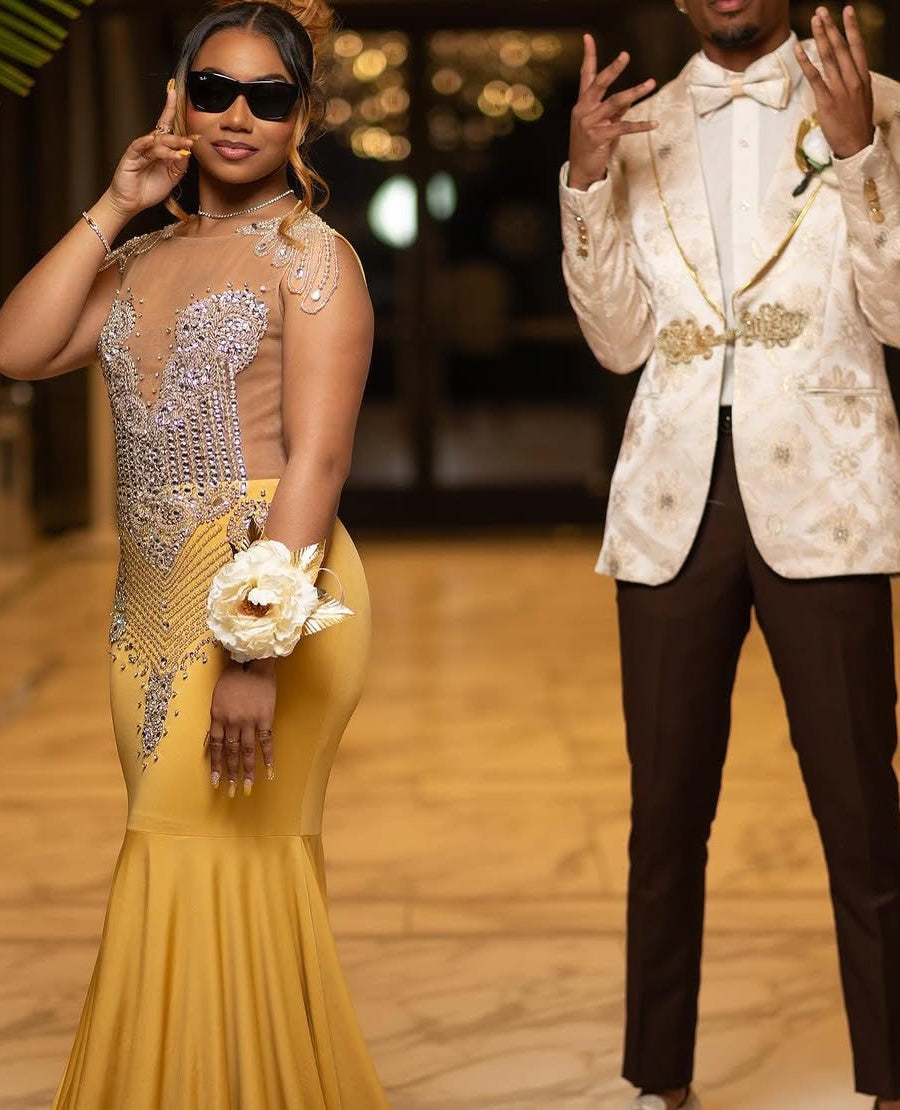 Cap sleeves Silver Beaded Gold Mermaid Long Prom Dresses