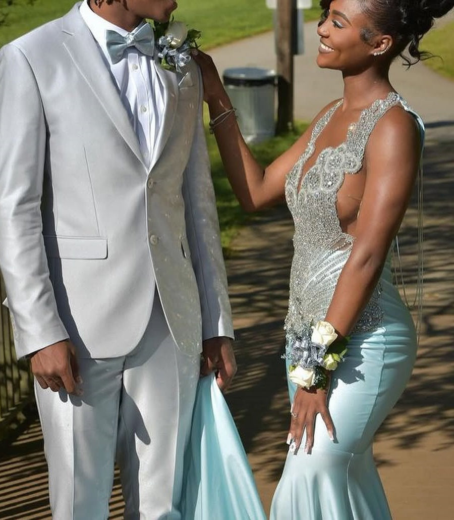 Sky Blue Silver Beaded Satin Mermaid Sleeveless Long Prom Dresses