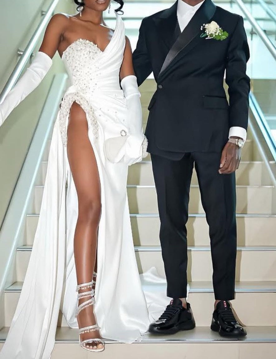 Unique Neckline Ivory Mermaid Beaded High Split Prom Dresses