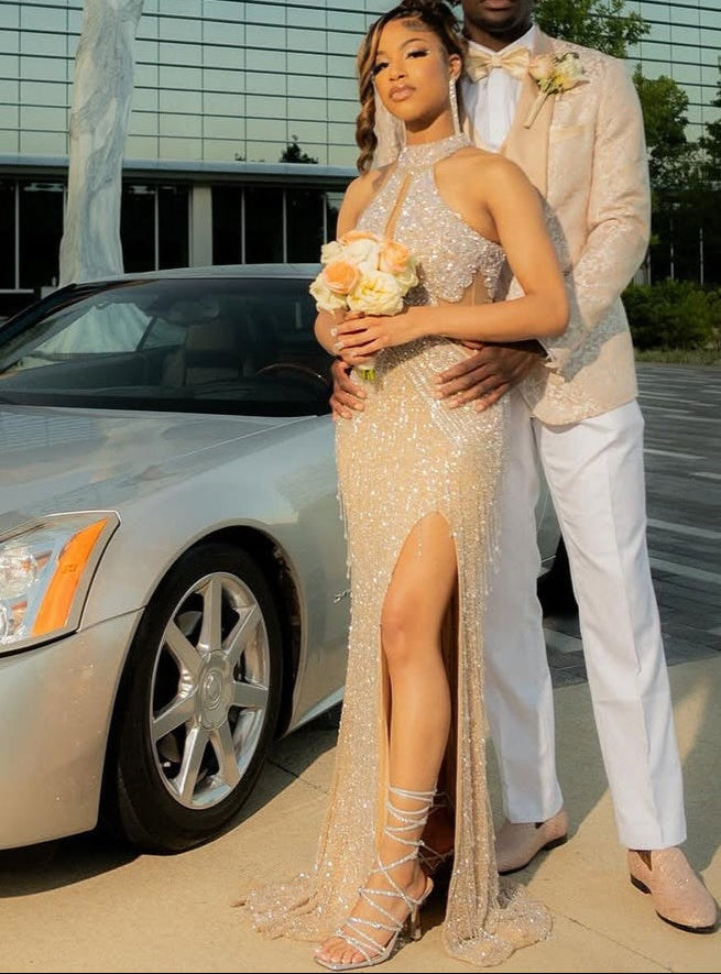 Halter High neck Champange Column Sparkle Prom Dresses