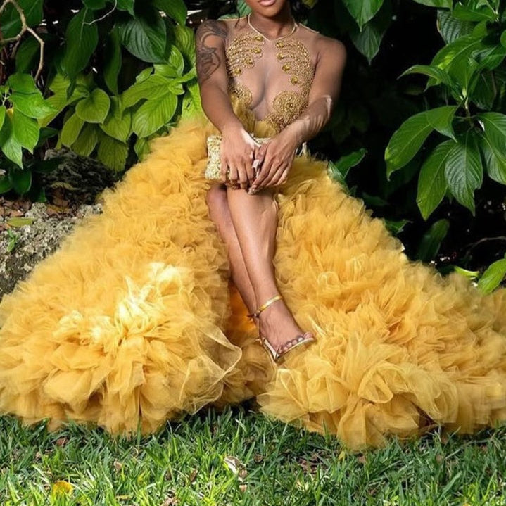 Gold Ruffles Mermaid Luxury Sequin Floor length Prom Dresses