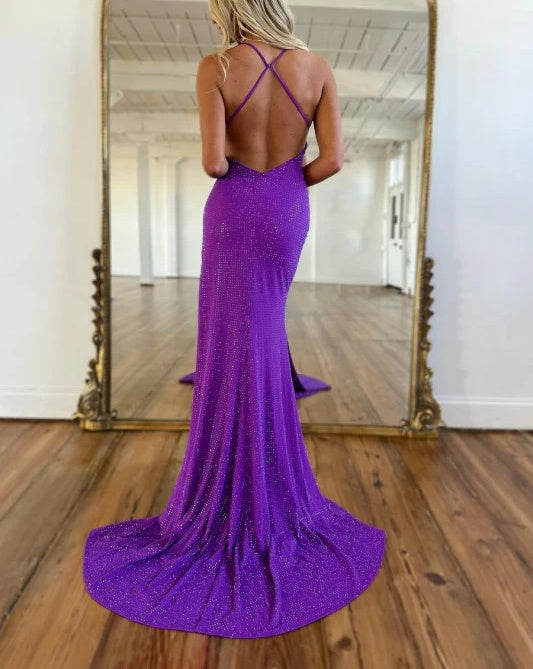 V-neck Hot Backless Regency High Split Court Train Prom Dress