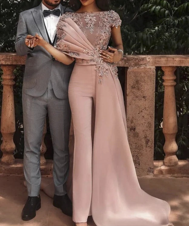 Unique Long Dusty Pink Cap sleeves Beaded Prom Pants