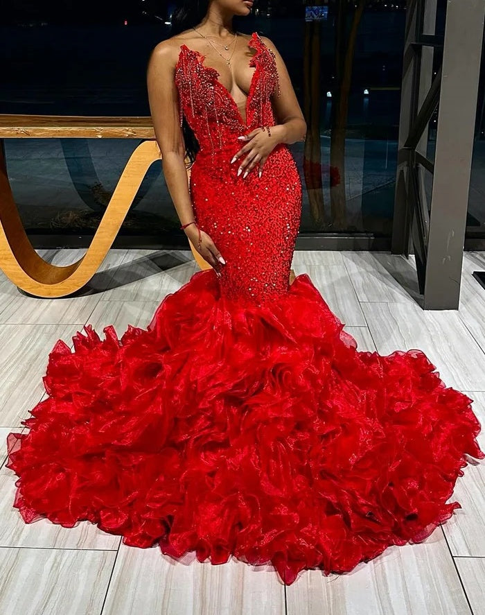Red V-neck Strapless Ruffles Mermaid Sleeveless Gorgeous Prom Dresses