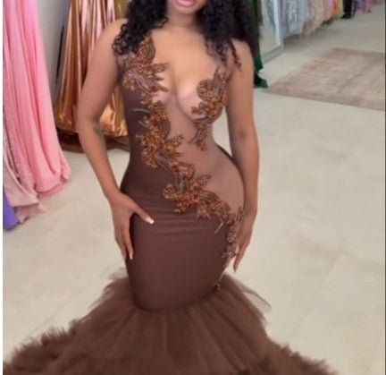 Hot See-through Sleeveless Mermaid Ruffles Flowers Beaded Prom Dresses