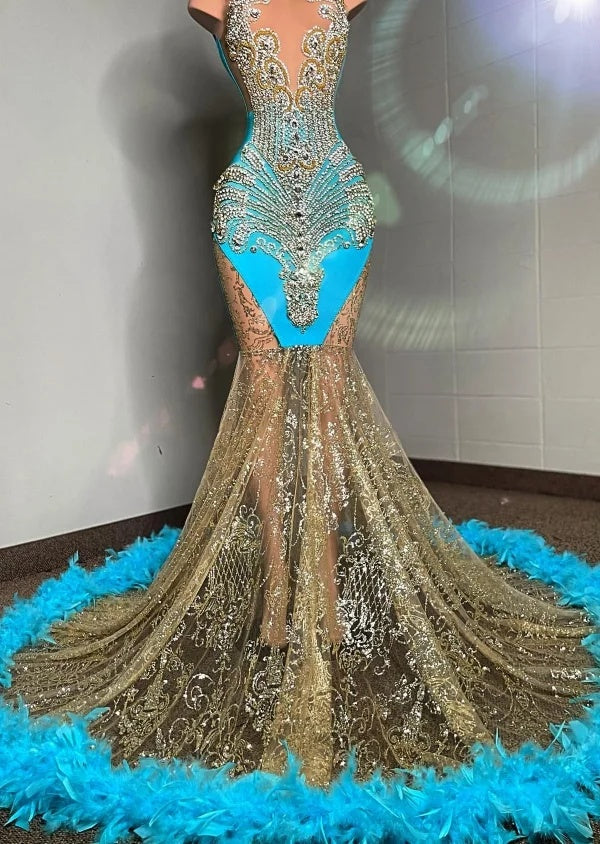 Blue Sleeveless Sparkle Sequin V-neck Feathers Mermaid Prom Dresses