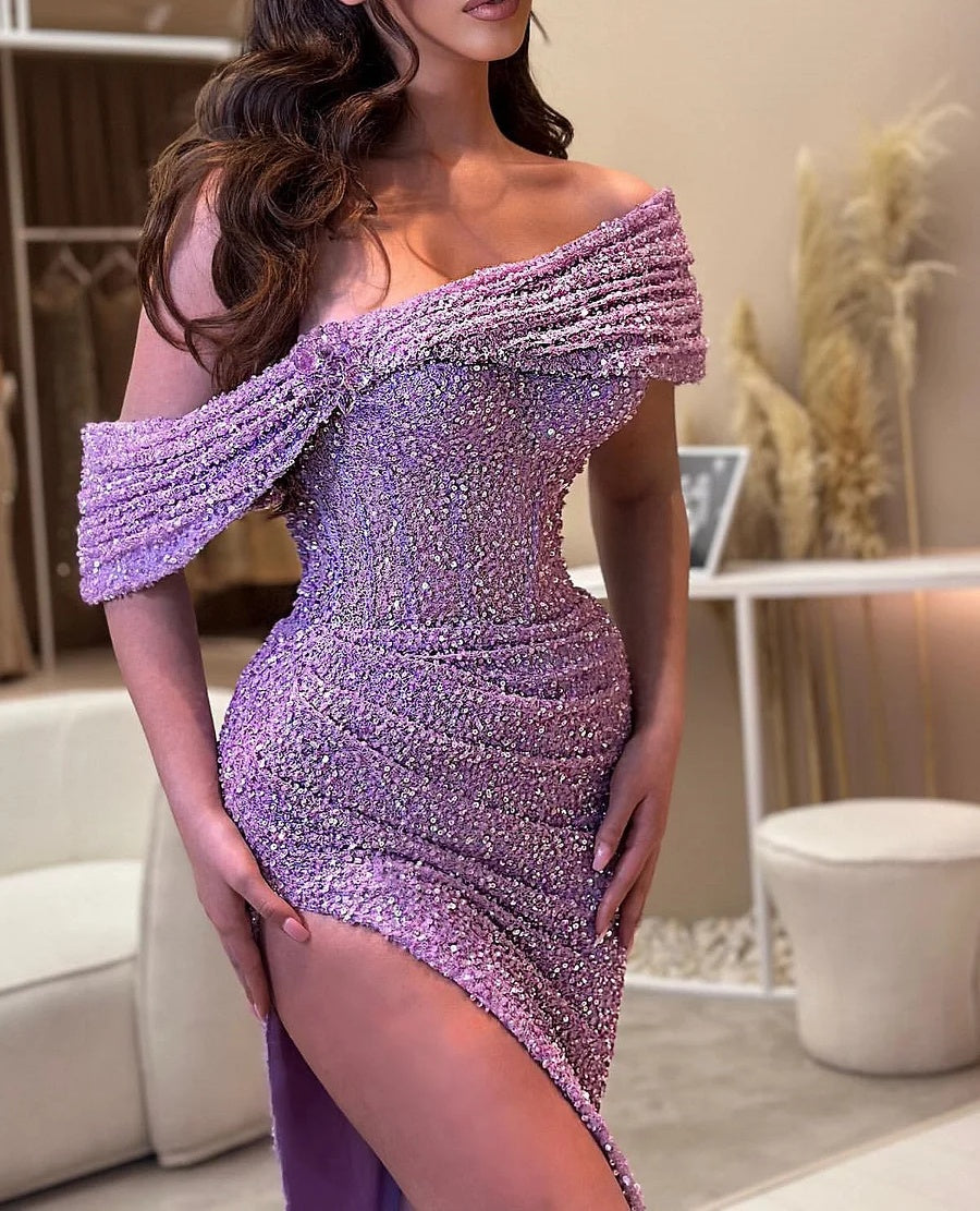 Unique Lilac Mermaid Sequin Pleats High Split Prom Dresses