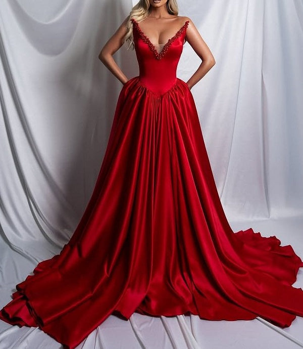 Beautiful Red V-Neck Strapless Satin Prom Dresses Sleeveless A-Line With Pearls Pleats