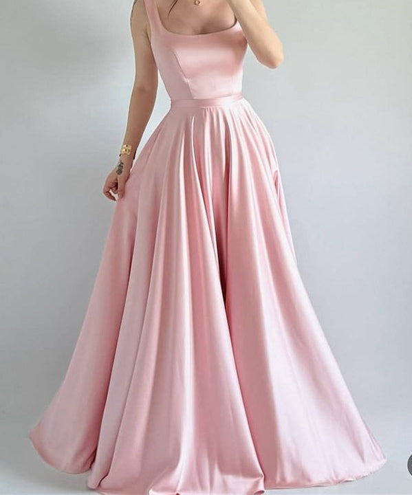 Chic Pink Square Straps Sleeveless Prom Dresses Satin Lace-UP Back With Pleats