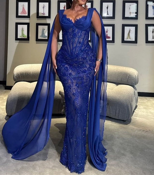 Luxury Royal Blue V-neck Lace Mermaid Prom Dresses Sleeveless Sheath Ribbons With Beads
