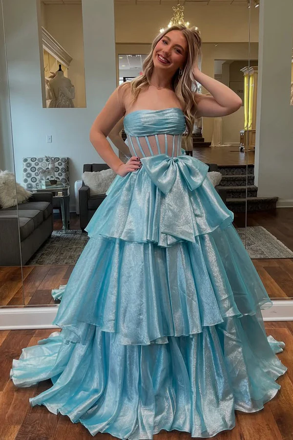Cute A-Line Strapless Sleeveles Pleated Illsion Bow Knot Tiered Floor Length Light Sky Blue Formal Evening Dress Prom Dresses Party Gown