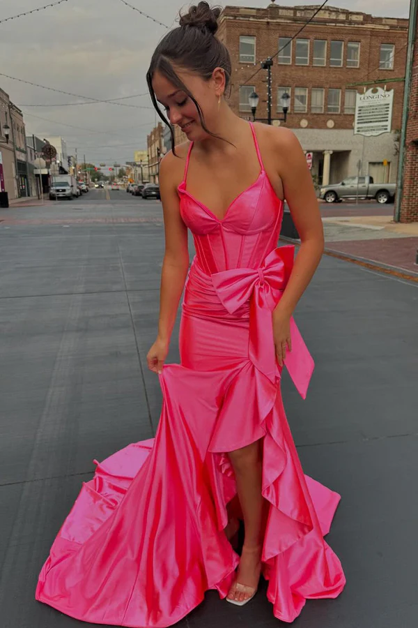 Sexy & Hot Sheath Strapless Straps Sleeveless Pleated Bow Knot Ruffles Criss Cross Straps Open Back Side Slit Floor Length Prom Dresses Dress Evening Gown Party Dress