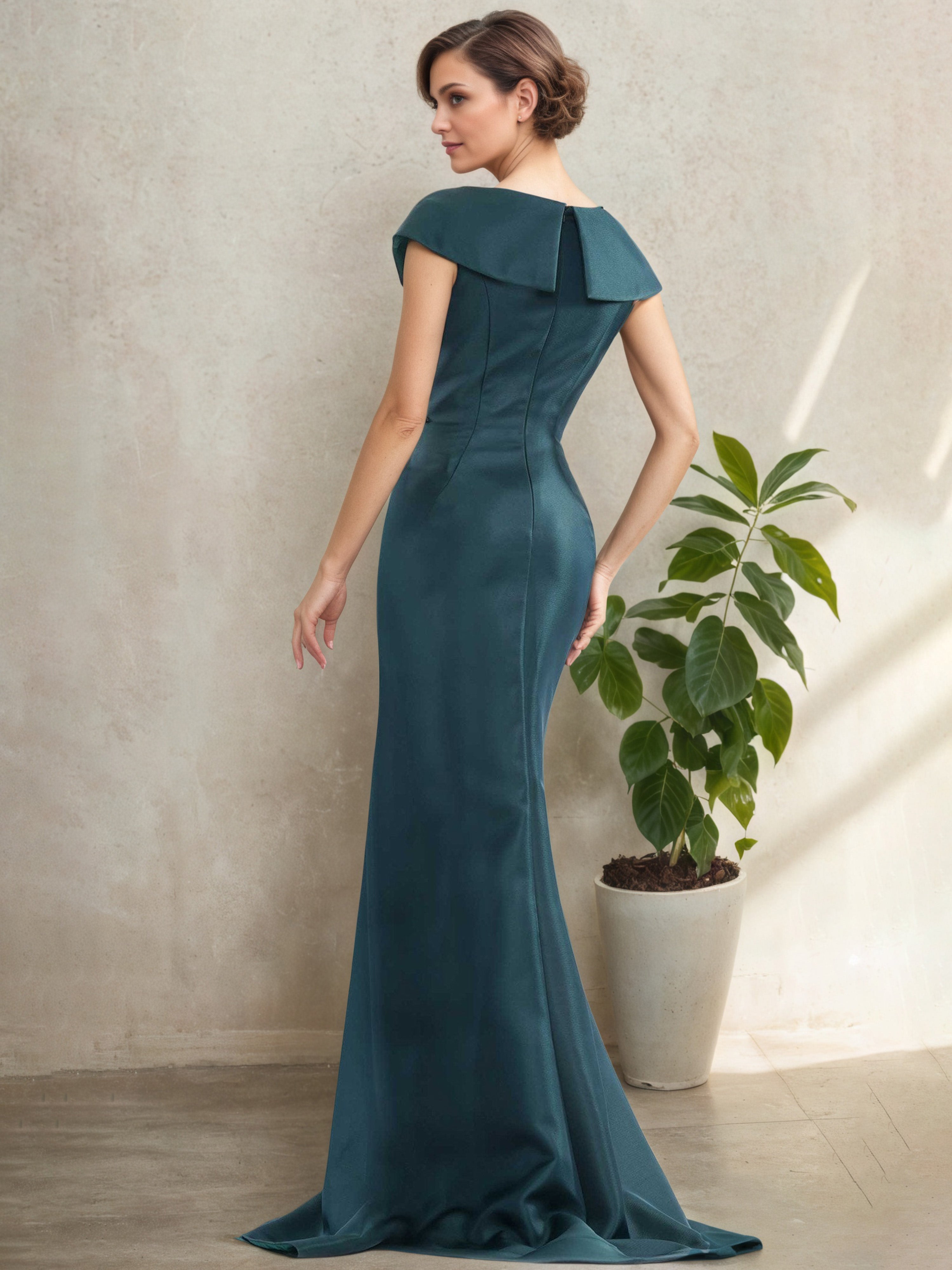 Ink Blue V-Neck Mother of the Bride Dress with Cap Sleeves and Side Ruffle Detail