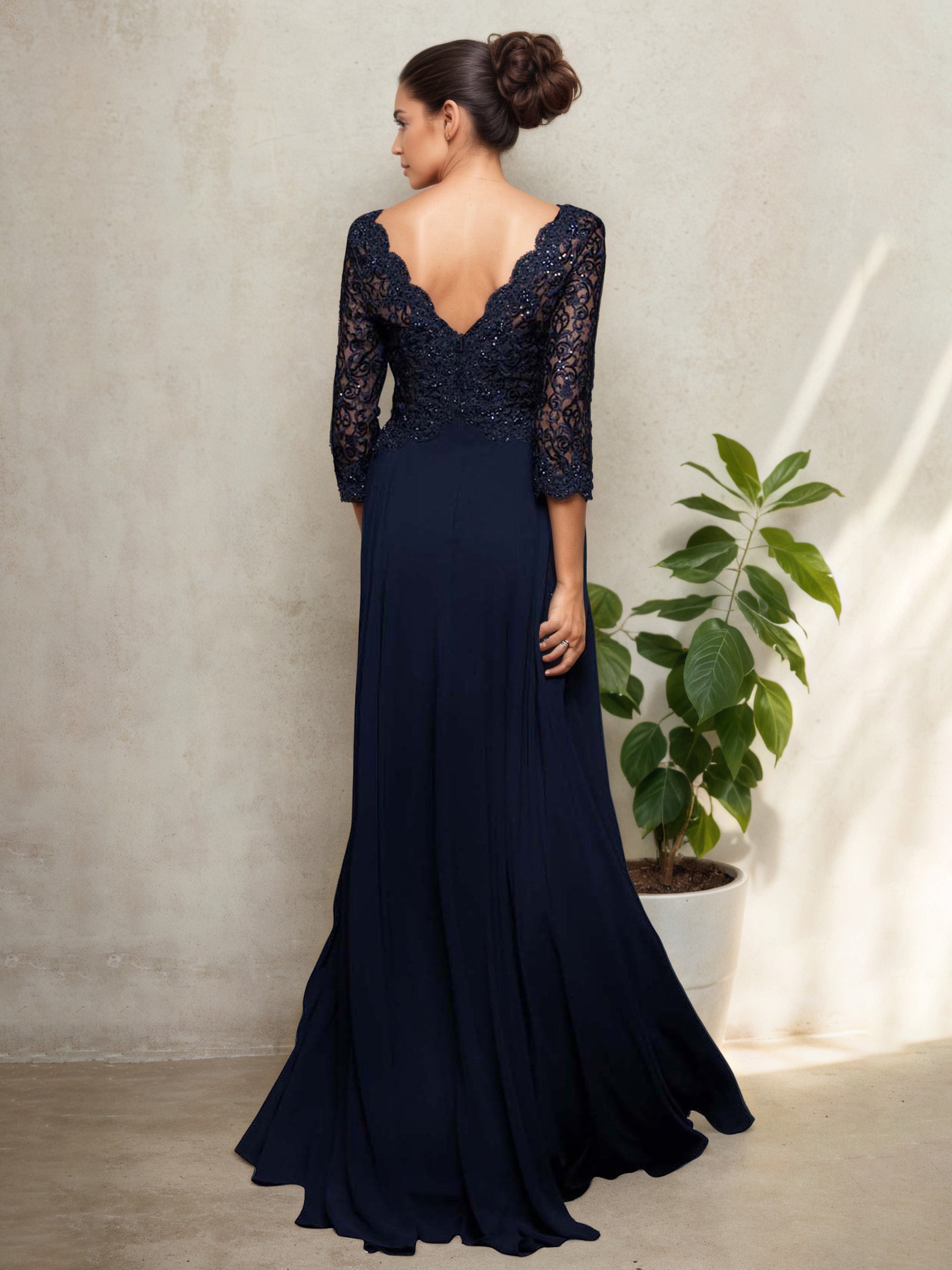 Dark Navy V-Neck Long Mother of the Bride Dress with Lace Bodice and 3/4 Sleeves