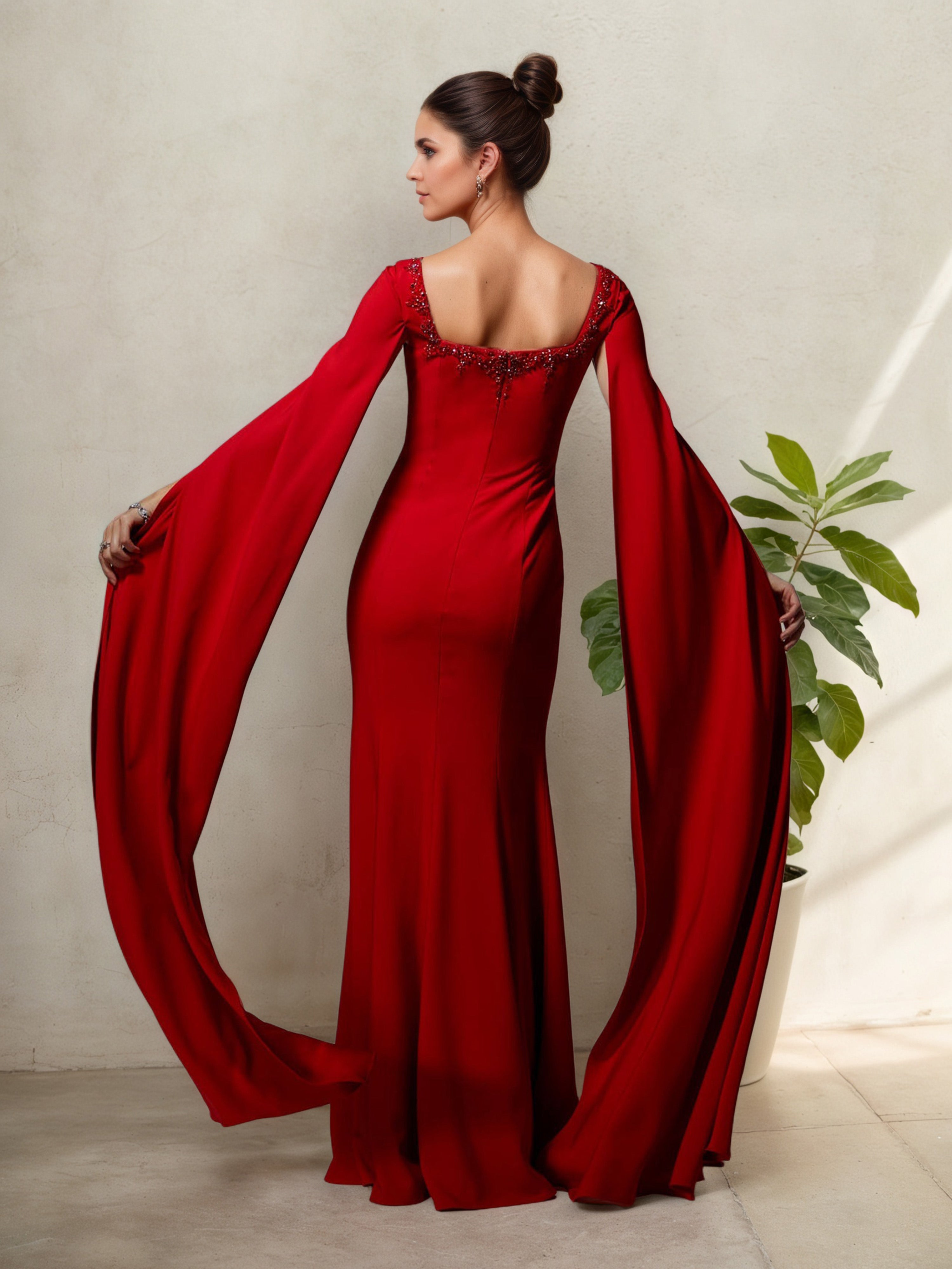 Red Sheath Mother of the Bride Dress with Square Neckline and Detachable Fly-Away Sleeves (Copy)