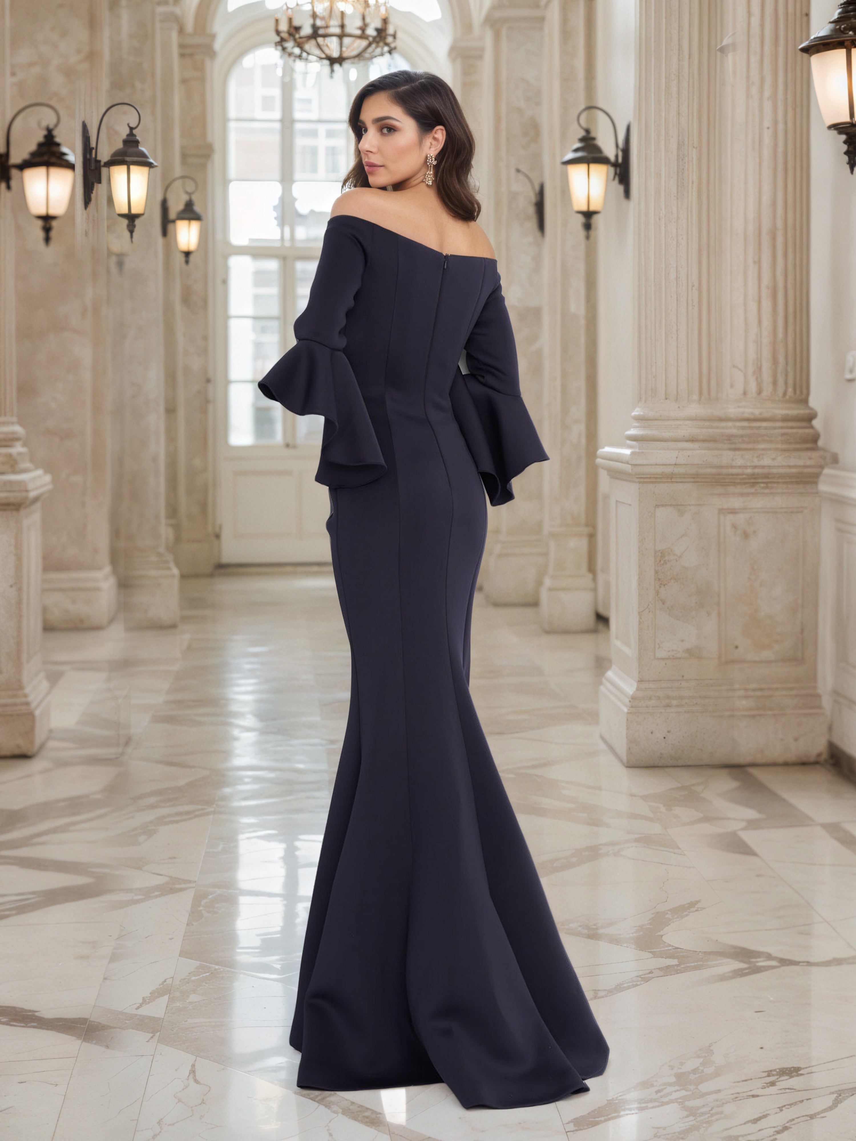 Dark Navy Mermaid Mother of the Bride Dress with Off-the-Shoulder Design and Bell Sleeves