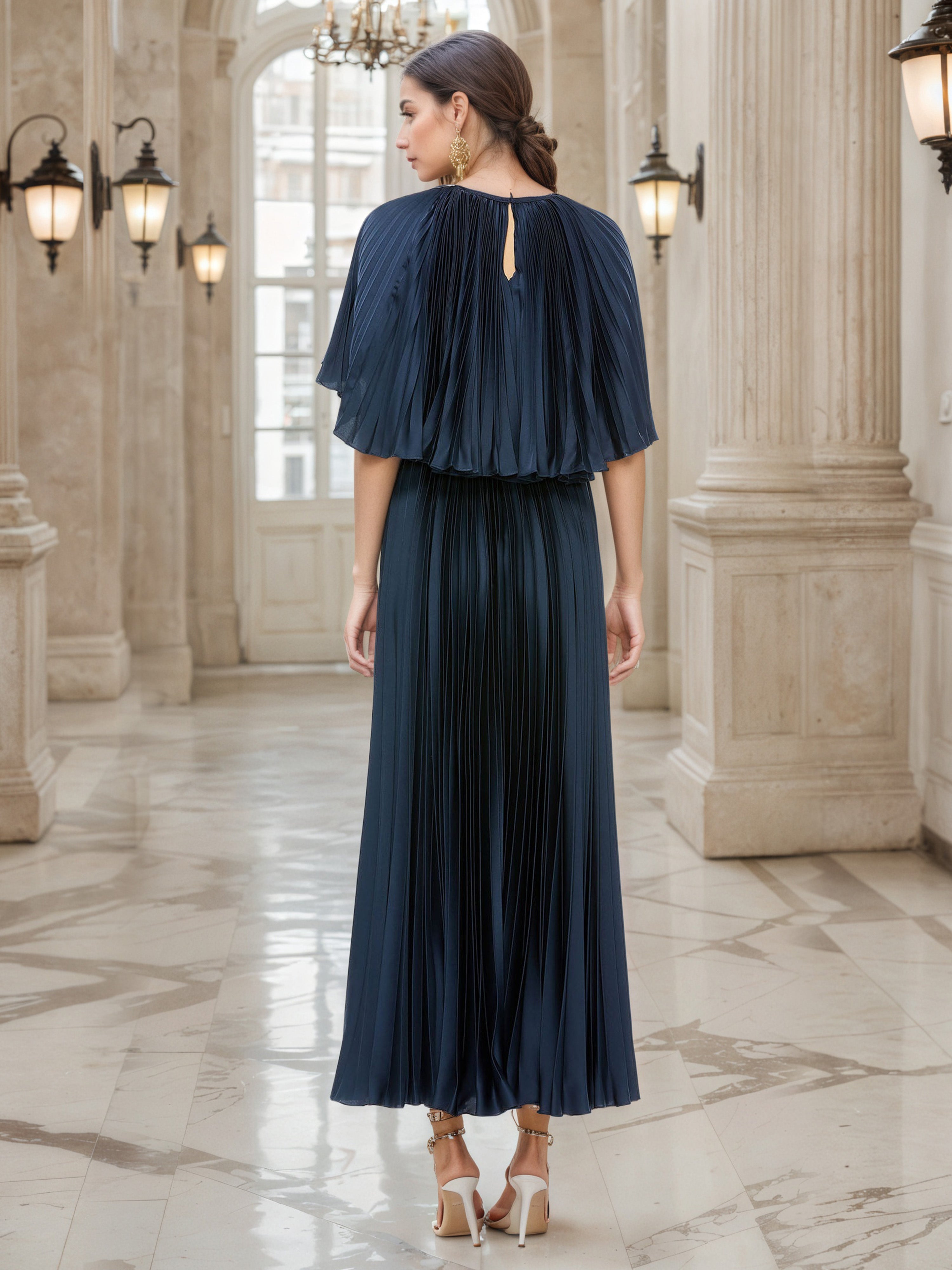 Dark Navy A-Line Mother of the Bride Dress with a Pleated Cape and Maxi Length
