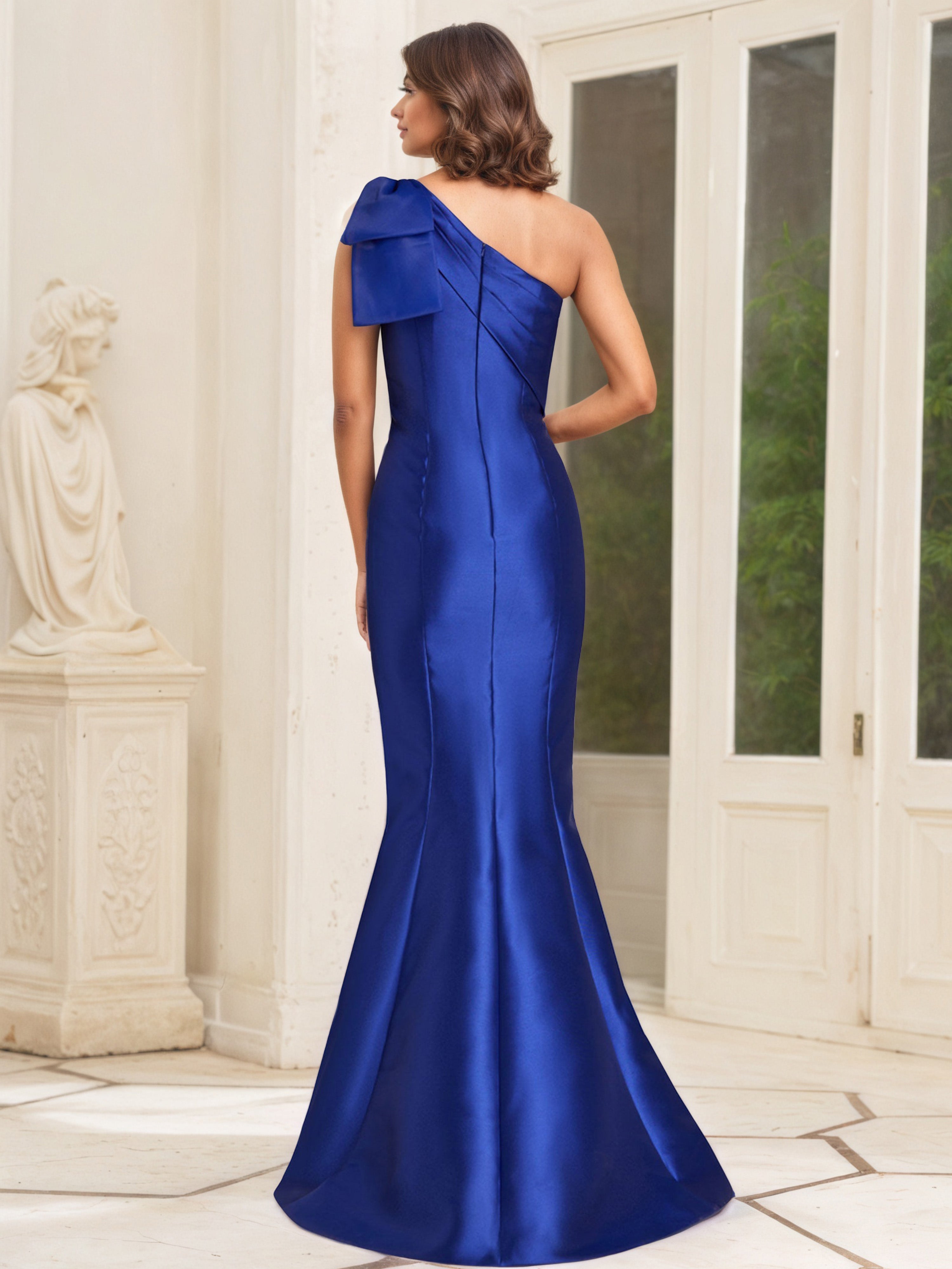 Royal Blue Satin Mother of the Bride Gown in a One-Shoulder Trumpet/Mermaid Silhouette