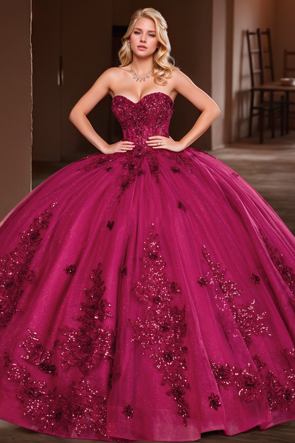 Gorgeous & Glamorous Ball Gown Sweetheart Neck Sleeveless Flower Lace Appliques Lace Up Sweep Train Plum Tulle Quinceanera Dress Birthday Party Dress for Sweet 16