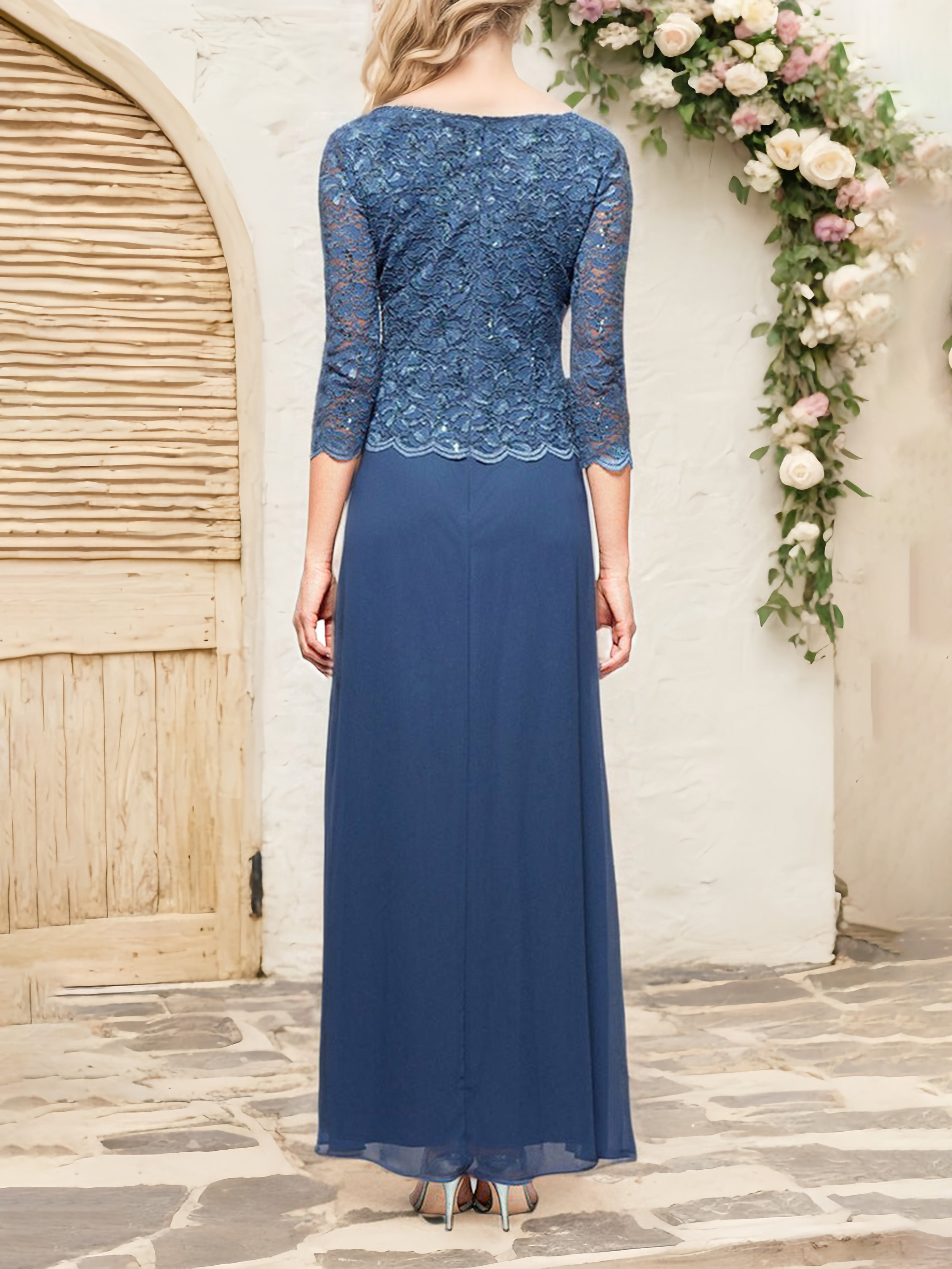 Dusty Blue Mock Two-Piece Chiffon Mother of the Bride Dress with Lace Bodice and 3/4-Length Sleeves