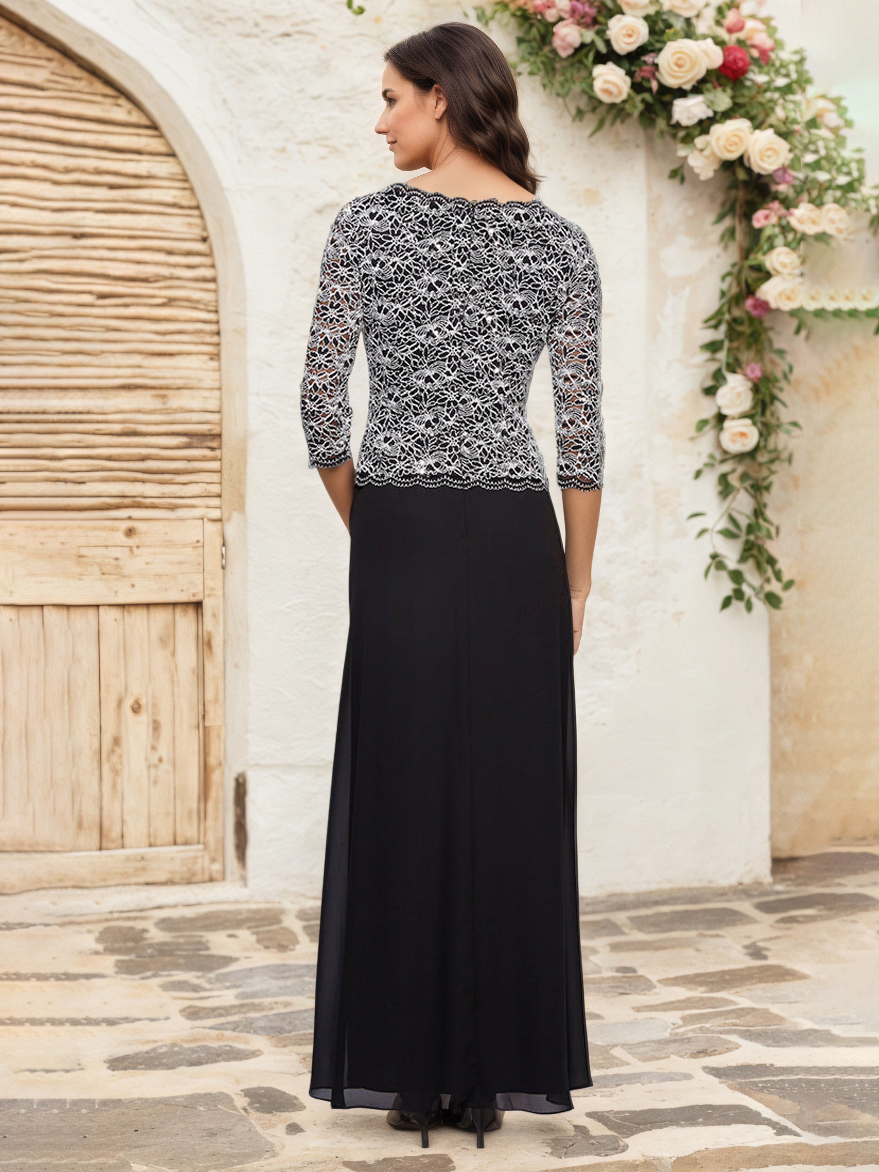 Black A-Line Chiffon Mother of the Bride Dress with Lace Top and 3/4-Length Sleeves
