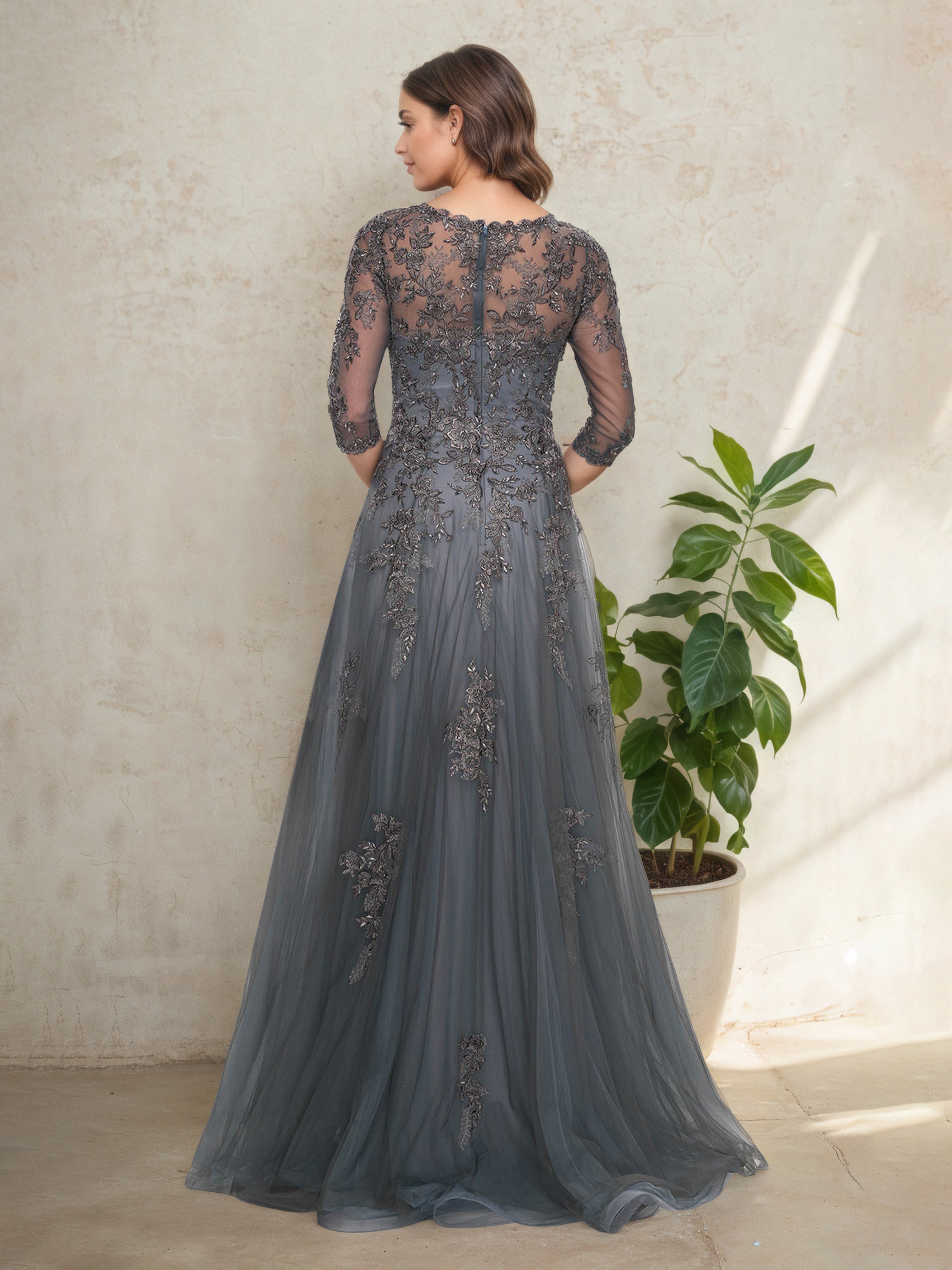 Stormy Lace Mother of the Bride Gown with 3/4 Sleeves and V-Neckline