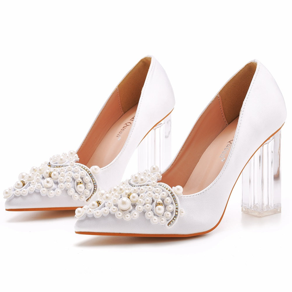 Women's Wedding Shoes Point Toe White Pearl Satin High Heels