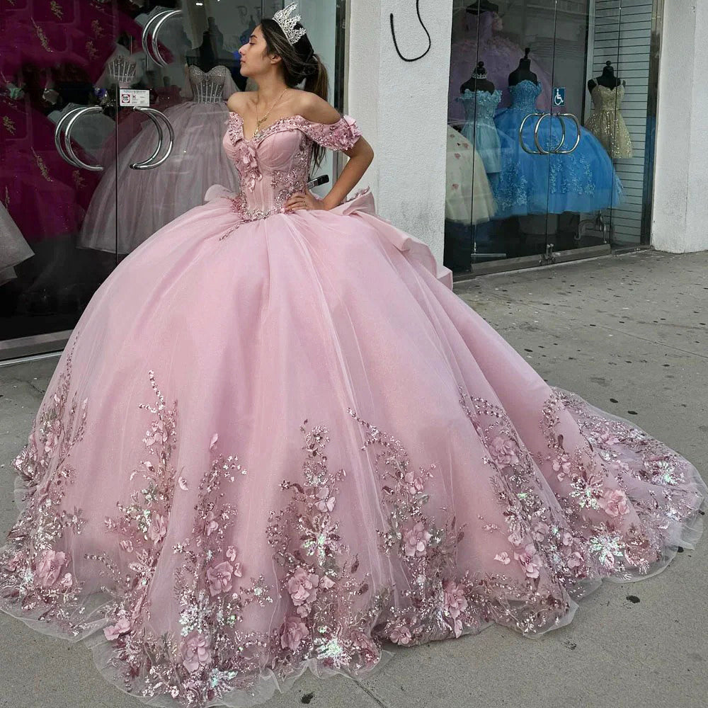 Sparkle & Glitter Ball Gown Off Shoulder Flowers Appliques Beaded Tiered Ruffles Pink Tulle Quinceanera Dress Graduation Party Gown for Sweet 16