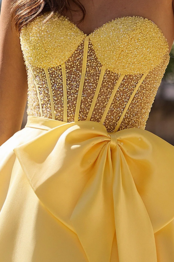 Chic & Modern A-Line Sweetheart Neck Sleeveless Beaded Pleated Prom Dresses Dress Floor Length Back Zipper Bow Knot Evening Gown