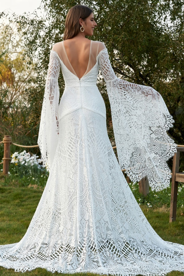 Chic & Modern Mermaid V Neck Long Brumpet Sleeves Fully Lace Sleeves Boho Wedding Dress V Back Court Train Beach Bridal Gown