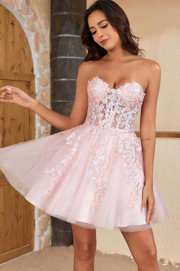 Chic & Modern A-Line Sweetheart Fully Sequins Appliques Baby Pink Glitter Tulle Lace Up Homecoming Dress
