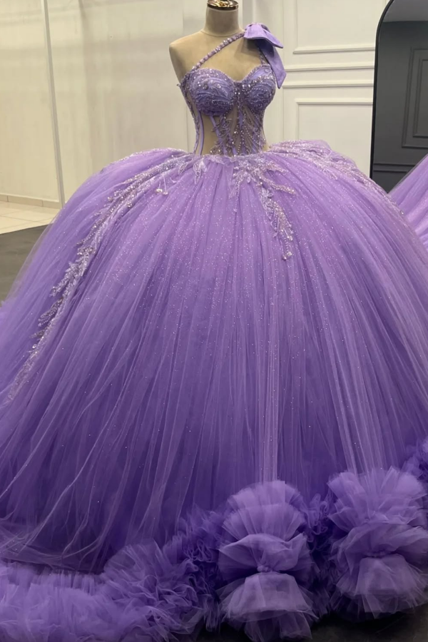 Ball Gown One Shoulder Sleeveless Beaded Sequins Appliques Ruffles Lilac Tulle Quinceanera Dress Evening Party Gown for Sweet 16
