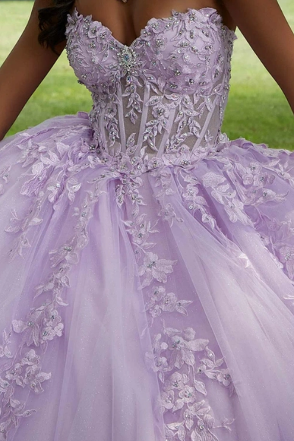 Elegant Ball Gown Sweetheart Neck Sleeveless Beaded 3D Flower Appliques Lace Up Bow Knot Purple /Lalic Tulle Quinceanera Dress Birthday Party Gown for Sweet 16