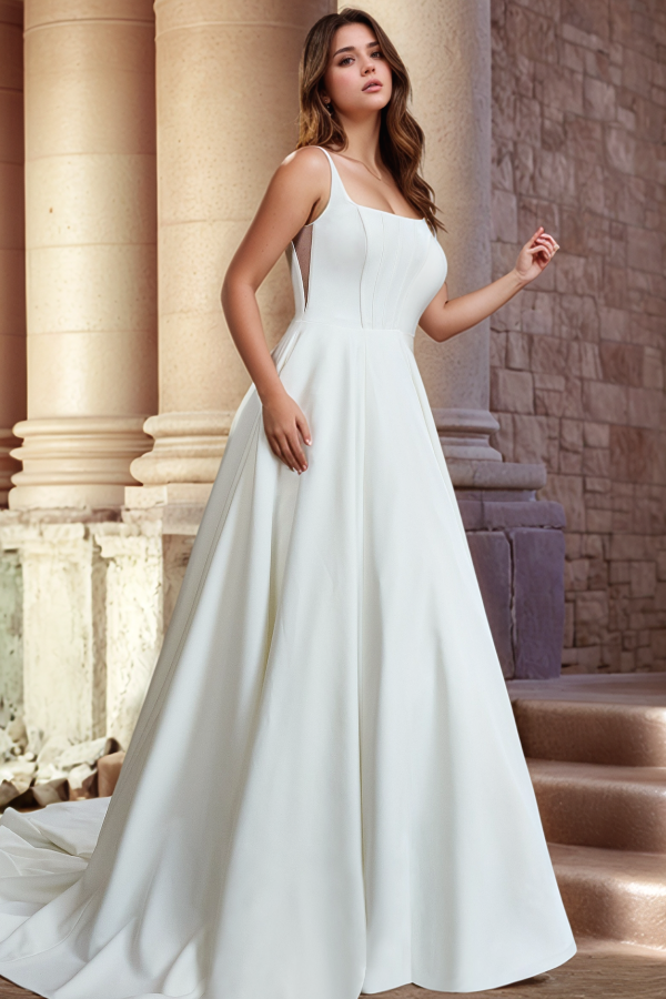 Chic & Modern A-Line Square Neck Straps Sleeveless Bow Knot Button Satin Wedding Dress Bride Gown with Couet Train