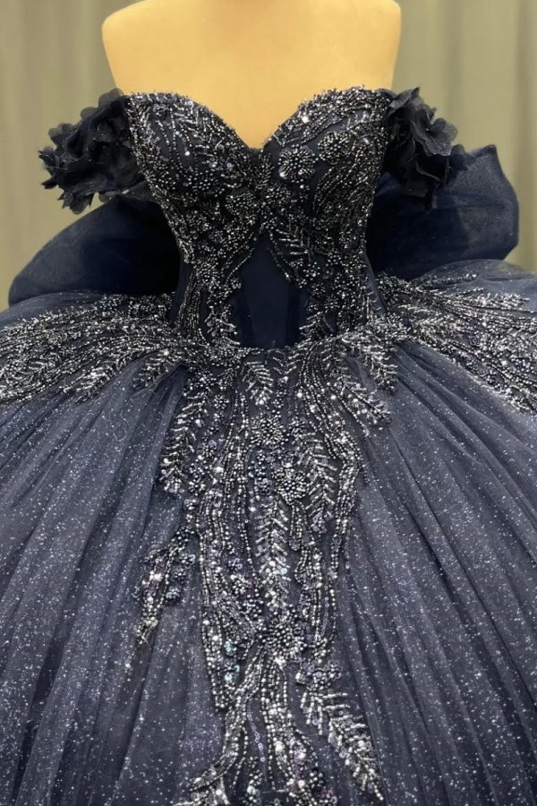 Off Shoulder Quinceanera Dresses Fully Beaded Appliques Bow Knot Lace Up Sparkly Dark Navy Tulle