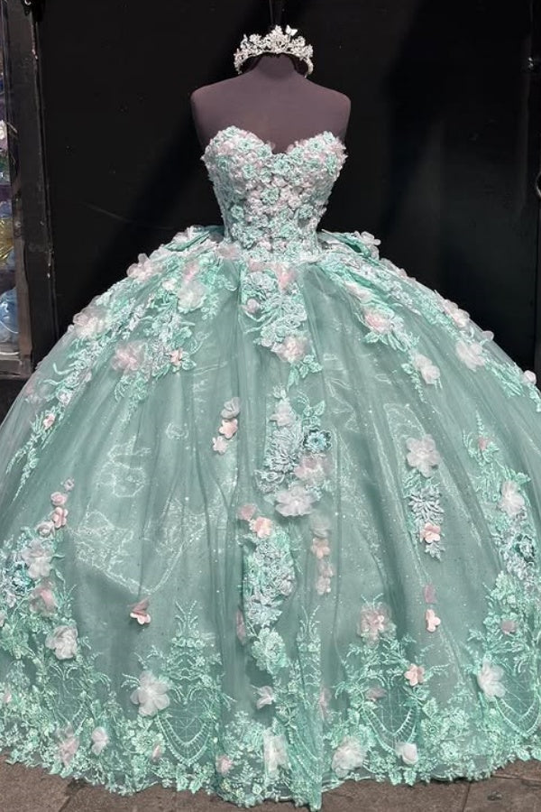 Luxury Ball Gown Sweetheart Neck Sleeveless 3D Colorful Flower Appliques Lace Up Bown Knot Mint Green Tulle Quinceanera Dress Birthday Party Gown for Sweet 16