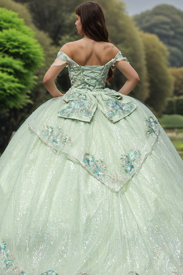 Chic & Modern Ball Gown Off Shoulder Flower Appliques Lace Up Bow Knot Mint Green Tulle Quinceanera Dress Birthday Party Dress for Sweet 16
